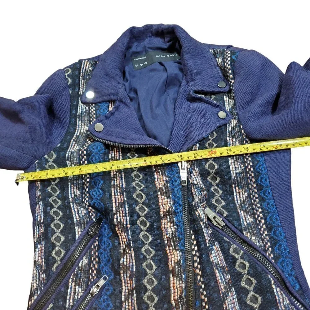 Zara Basic Womens‎ Blue Aztec Tribal Moto Asymmetrical Full Zip Jacket Size S